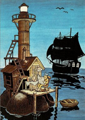 ansichtkaart - vuurtoren en piratenschip