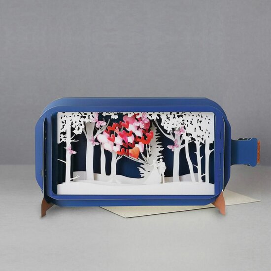 3D pop up wenskaart - message in a bottle - bruidspaar met ballonnen