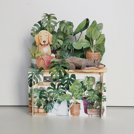 3d pop up kaart - hond met planten