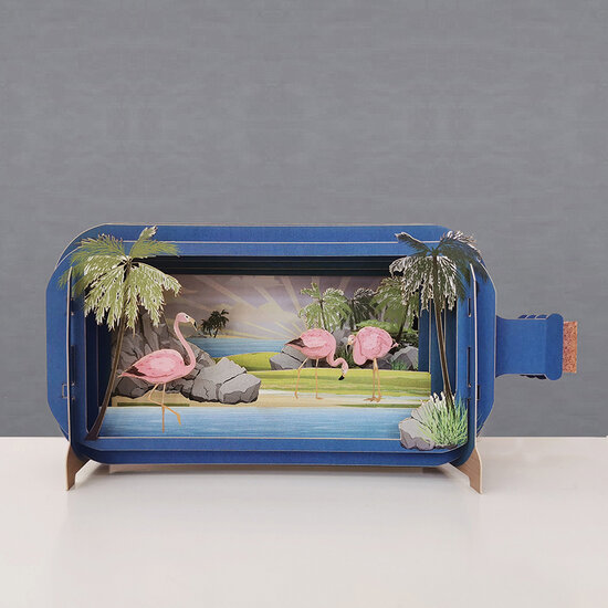 3D pop up wenskaart - message in a bottle - flamingo&rsquo;s