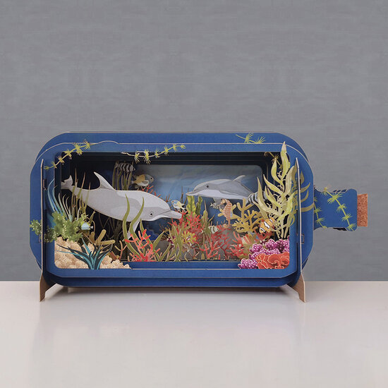 3D pop up wenskaart - message in a bottle - dolfijnen en koraal