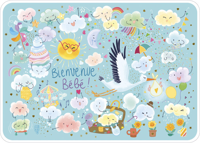 ansichtkaart van Audrey Bussi - bienvenue b&eacute;b&eacute;! - welkom baby - ooievaar