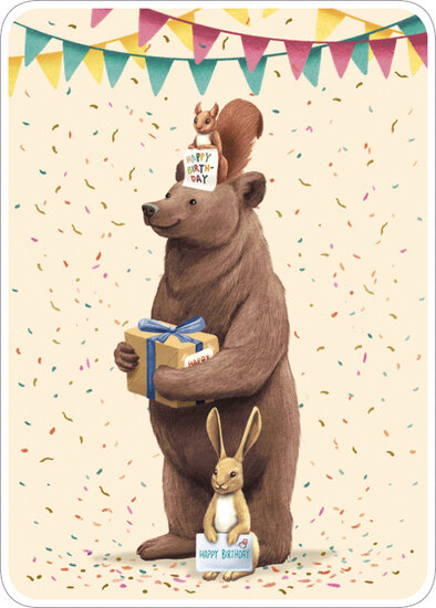 ansichtkaart van rosi hilyer - happy birthday - beer, eekhoorn en haas