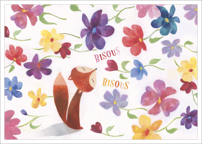 ansichtkaart van aur&eacute;lie blanz - bisous (kusjes) - vos en bloemen