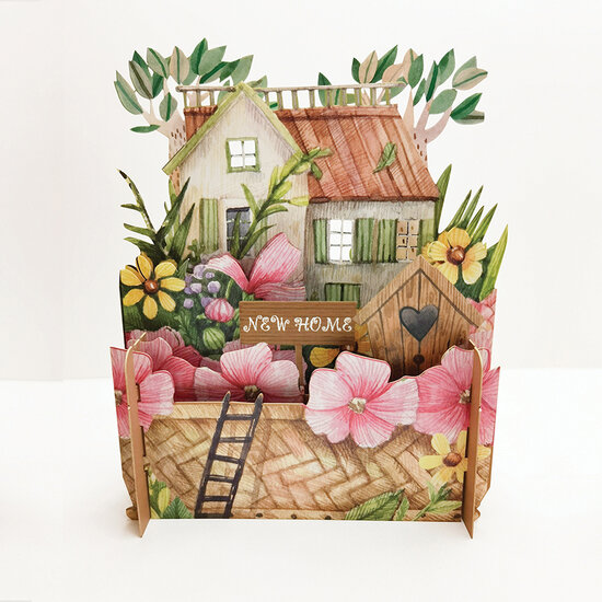 3d pop-up kaart miniature greetings - new home - huis en bloemen