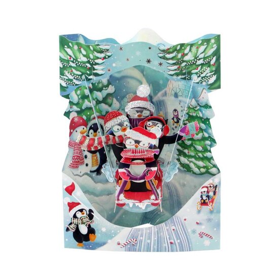 3D kerstkaart - swing cards - pinguins op slee