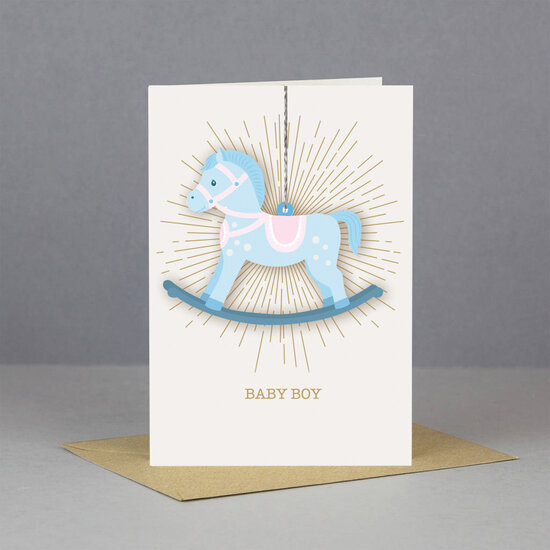 lasergesneden houten attribuut wenskaart - baby boy - hobbelpaard