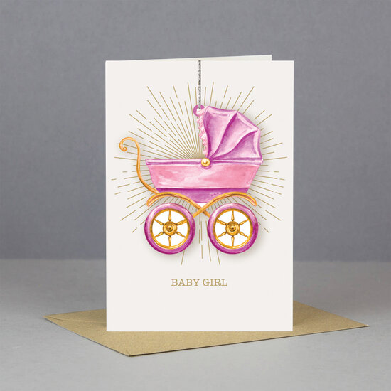lasergesneden houten attribuut wenskaart - baby girl - kinderwagen