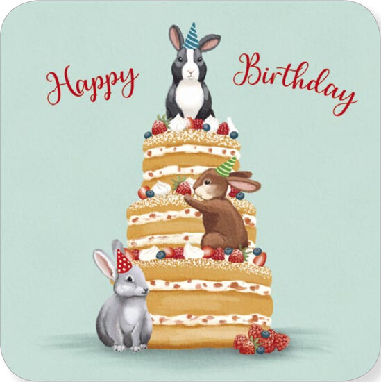 vierkante ansichtkaart met envelop van rosie hilyer - happy birthday - taart