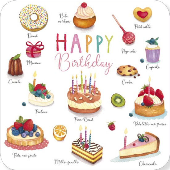 vierkante ansichtkaart met envelop van Mila - happy birthday - gebak