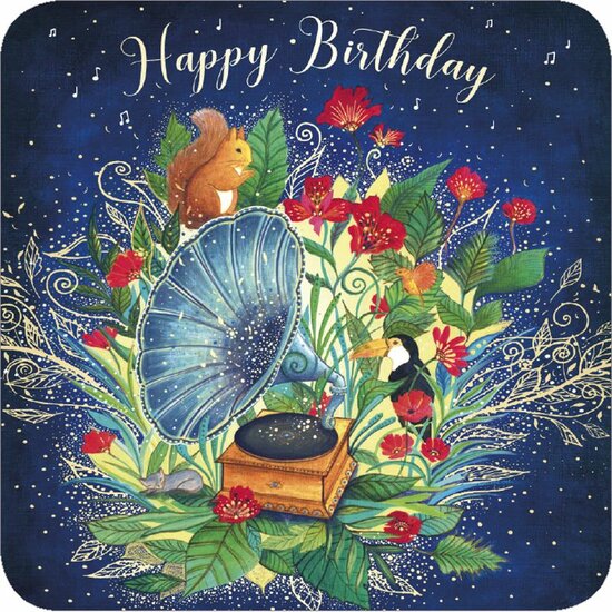 vierkante ansichtkaart met envelop van Jehanne Weyman - happy birthday - grammofoon