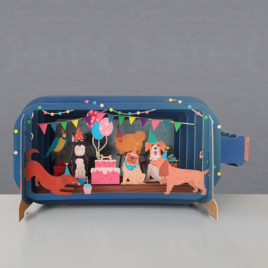 3D pop up wenskaart  - message in a bottle - feestvierende honden