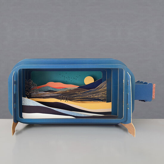 3D pop up wenskaart  - message in a bottle - zonsondergang