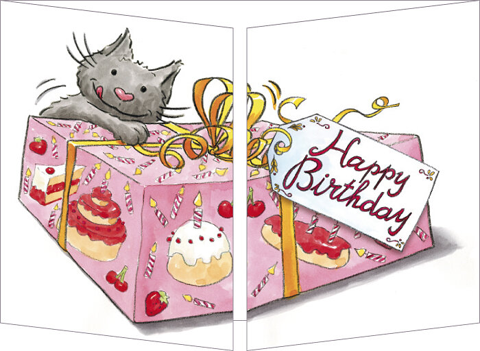 uitklapbare wenskaart cache-cache - happy birthday - kat en... muis