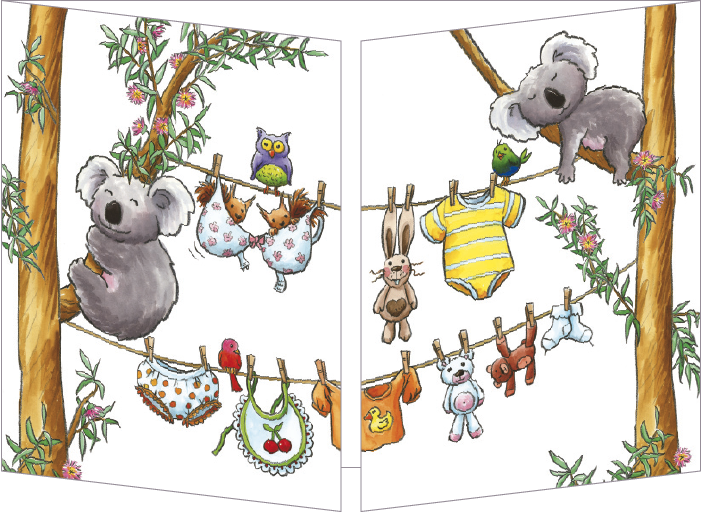 uitklapbare wenskaart cache-cache - babykleertjes aan waslijn - koala