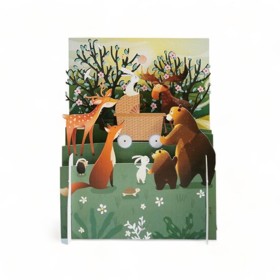 3d pop-up kaart miniature greetings - dieren kijken naar kinderwagen