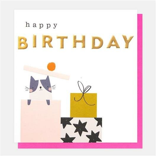 verjaardagskaart caroline gardner -  happy birthday - kat en cadeautjes
