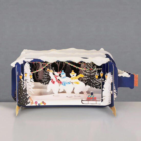 3D pop up kerstkaart - message in a bottle - schaatsende ijsberen