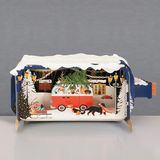 3D pop up kerstkaart - message in a bottle - hondenbus