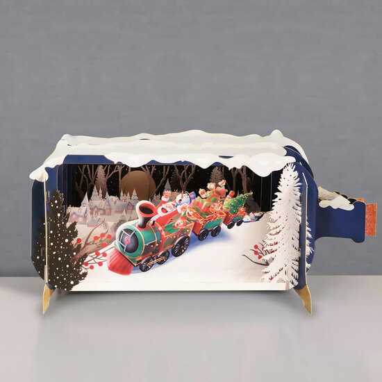 3D pop up kerstkaart - message in a bottle - kerstman in trein