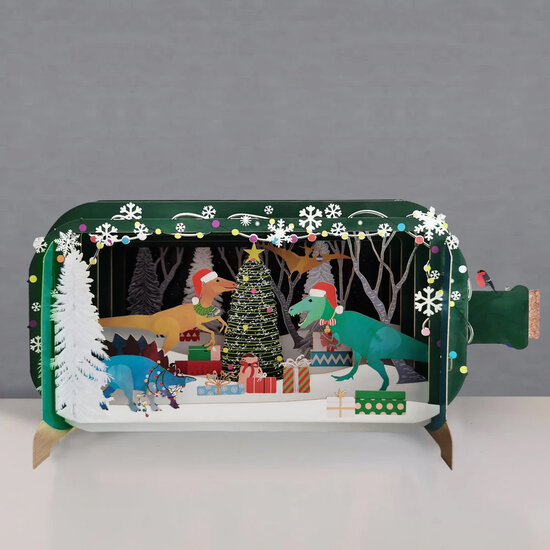 3D pop up kerstkaart - message in a bottle - dino&#039;s bij kerstboom
