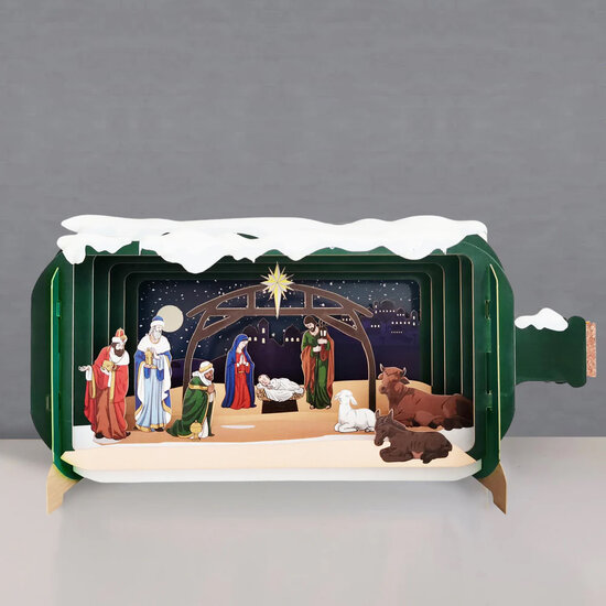 3D pop up christelijke kerstkaart - message in a bottle - kerststal