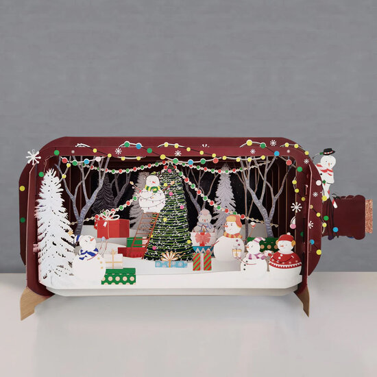 3D pop up kerstkaart - message in a bottle - sneeuwpoppen bij kerstboom