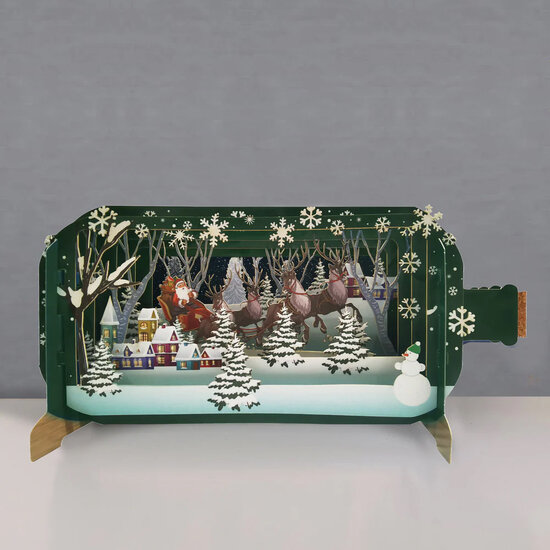 3D pop up kerstkaart - message in a bottle - kerstman in slee