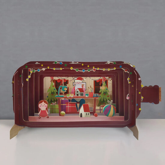3D pop up kerstkaart - message in a bottle - kerstman in huis