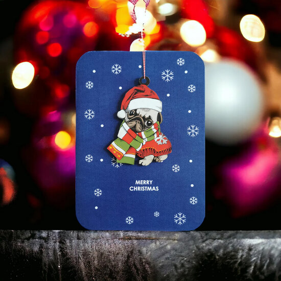 luxe kerstkaart met houten kerstboom hanger - merry christmas - bulldog