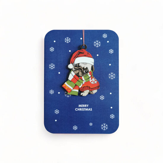 luxe kerstkaart met houten kerstboom hanger - merry christmas - bulldog