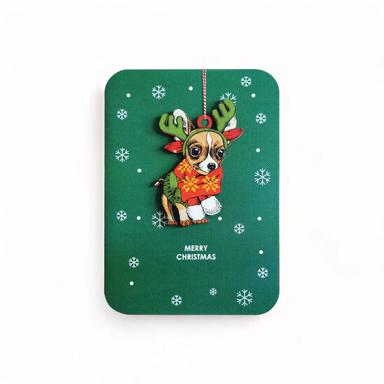 luxe kerstkaart met houten kerstboom hanger - merry christmas - chihuahua
