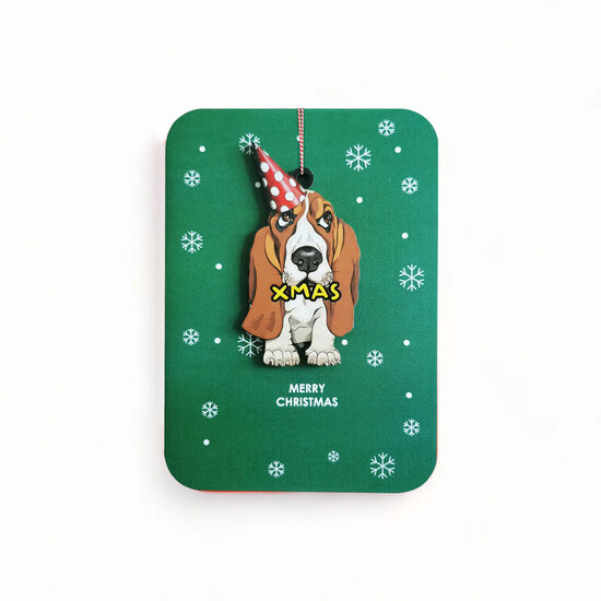luxe kerstkaart met houten kerstboom hanger - merry christmas - xmas hond