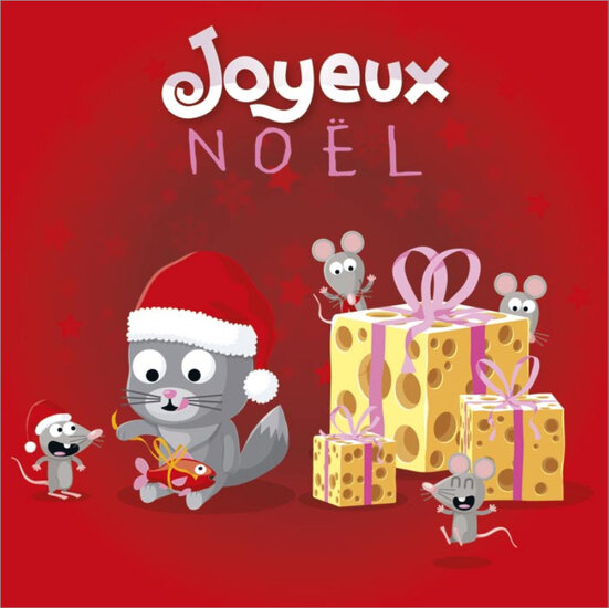 vierkante kerstansichtkaart met envelop - R&eacute;my Tornoir - joyeux no&euml;l - kat en muizen