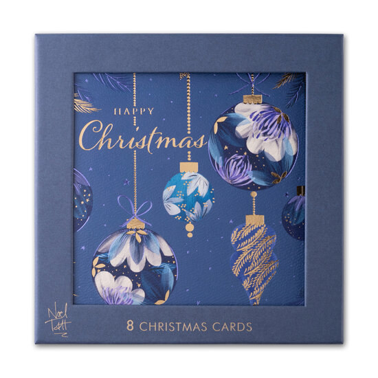 8 luxe kerstkaarten noel tatt - wishing you a merry christmas and a happy new year - kerstballen blauw