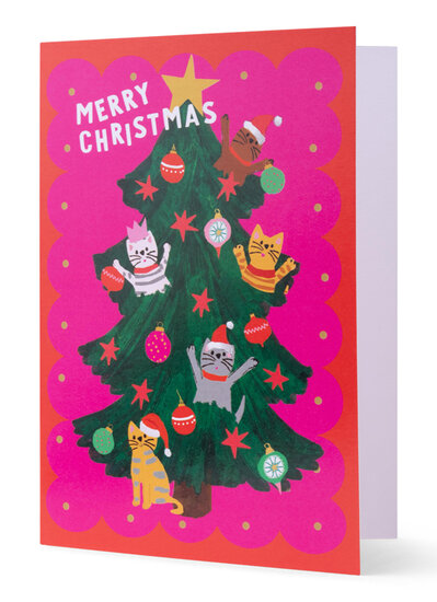 8 kerstkaarten - merry christmas - katten in kerstboom