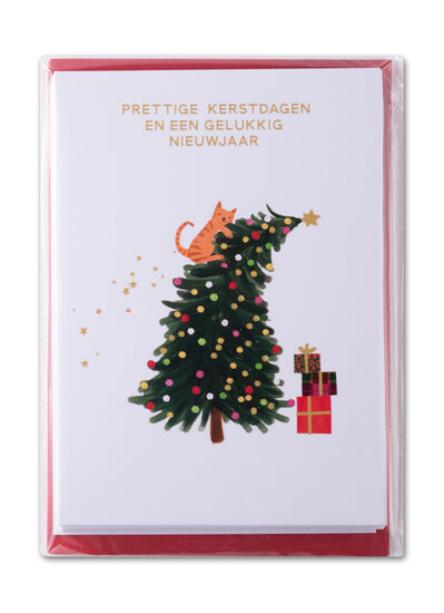 8 kerstkaarten - prettige kerstdagen en een gelukkig nieuwjaar - kat in kerstboom