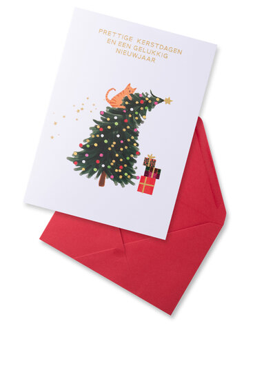 8 kerstkaarten - prettige kerstdagen en een gelukkig nieuwjaar - kat in kerstboom