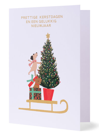 8 kerstkaarten - prettige kerstdagen en een gelukkig nieuwjaar - honden bij kerstboom