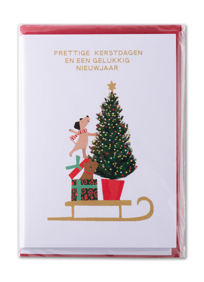 8 kerstkaarten - prettige kerstdagen en een gelukkig nieuwjaar - honden bij kerstboom