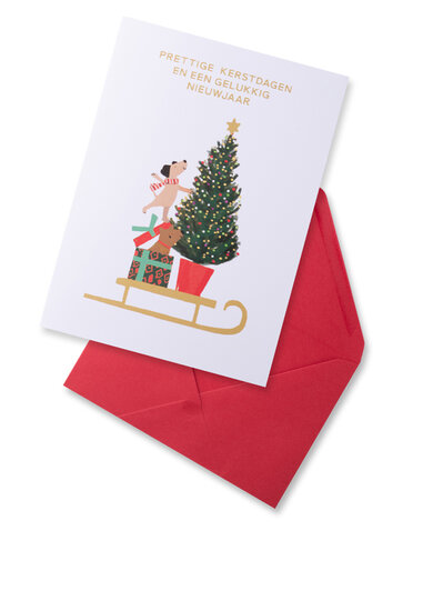 8 kerstkaarten - prettige kerstdagen en een gelukkig nieuwjaar - honden bij kerstboom