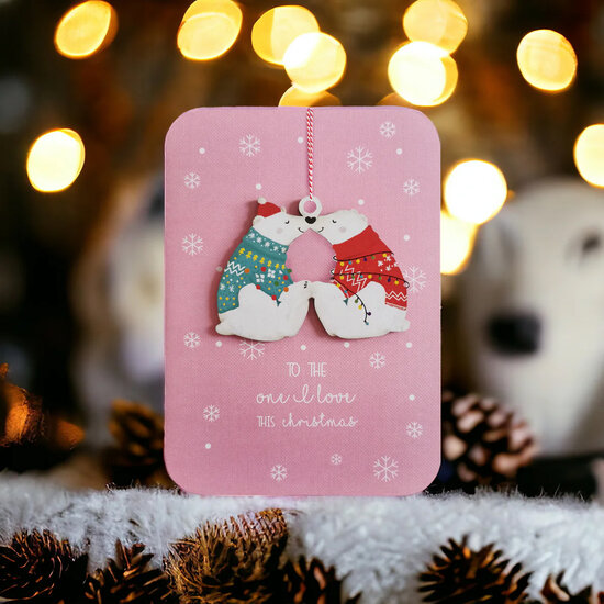 luxe kerstkaart met houten kerstboom hanger - to the one I&#039;l love this christmas - ijsberen