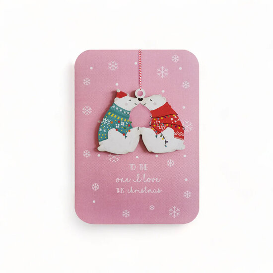 luxe kerstkaart met houten kerstboom hanger - to the one I&#039;l love this christmas - ijsberen