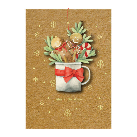 luxe kerstkaart met houten kerstboom hanger - merry christmas - kerstmok