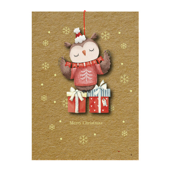 luxe kerstkaart met houten kerstboom hanger - merry christmas - uil