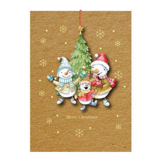 luxe kerstkaart met houten kerstboom hanger - merry christmas - sneeuwpoppen bij kerstboom