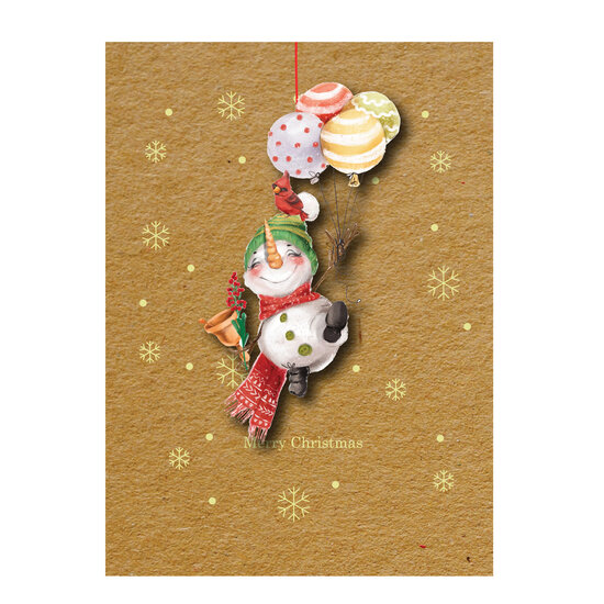 luxe kerstkaart met houten kerstboom hanger - merry christmas - sneeuwpop met ballonnen