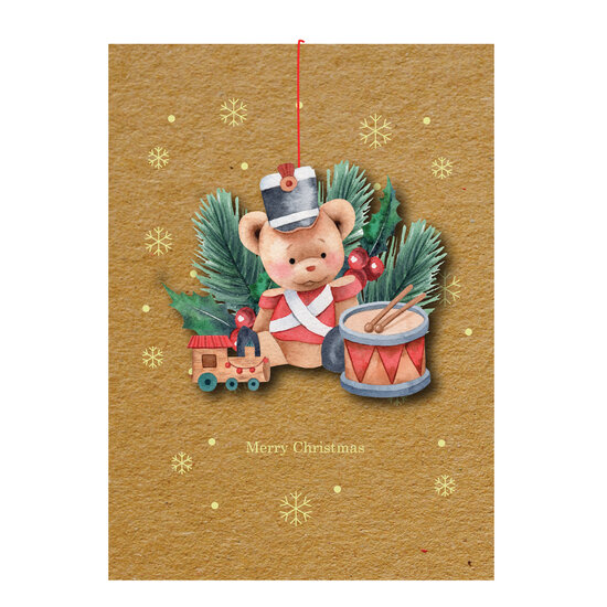 luxe kerstkaart met houten kerstboom hanger - merry christmas - speelgoed