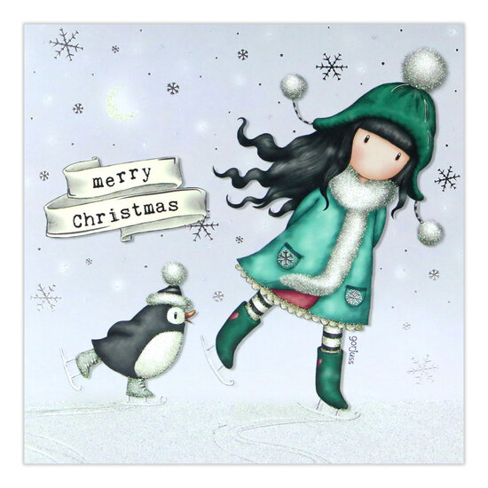 luxe kerstkaart Gorjuss - merry christmas - schaatsen pinguin