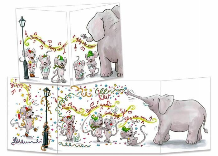 uitklapbare nieuwjaarskaart cache-cache - happy new year - muis en olifant
